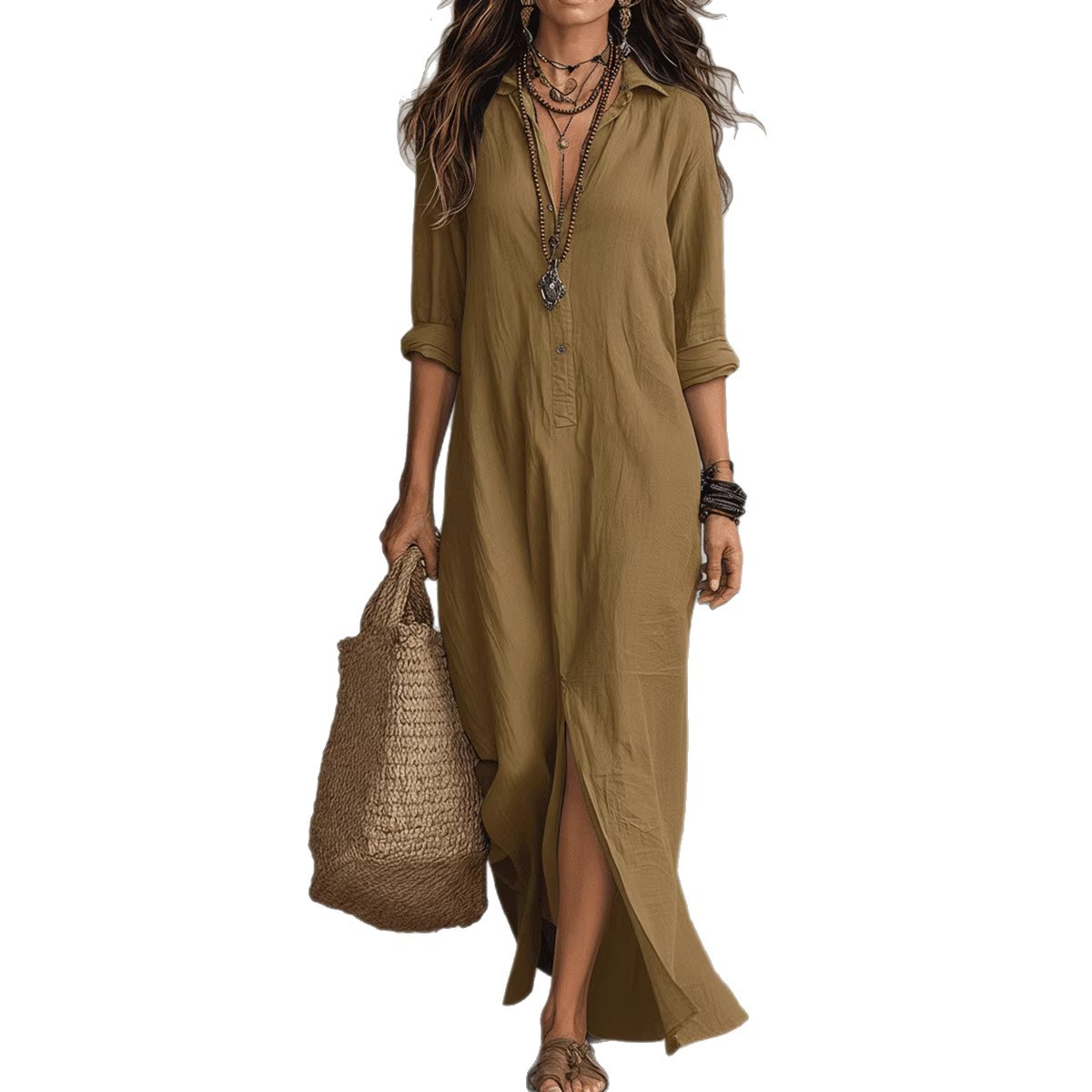 Robes pour femmes Printemps/Été 2026, robe longue décontractée à col à revers et fente avant, couleur unie, vêtements pour femmes, vestidos