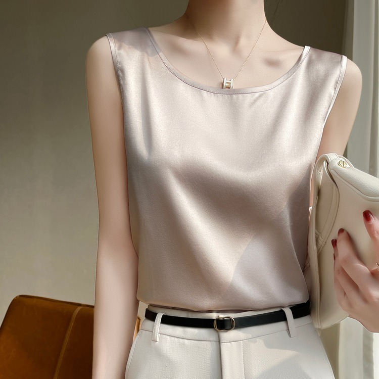 2025 col rond acétate Satin haut femmes soie débardeur femme Satin sans manches chemise bas soie hauts Luxry hauts