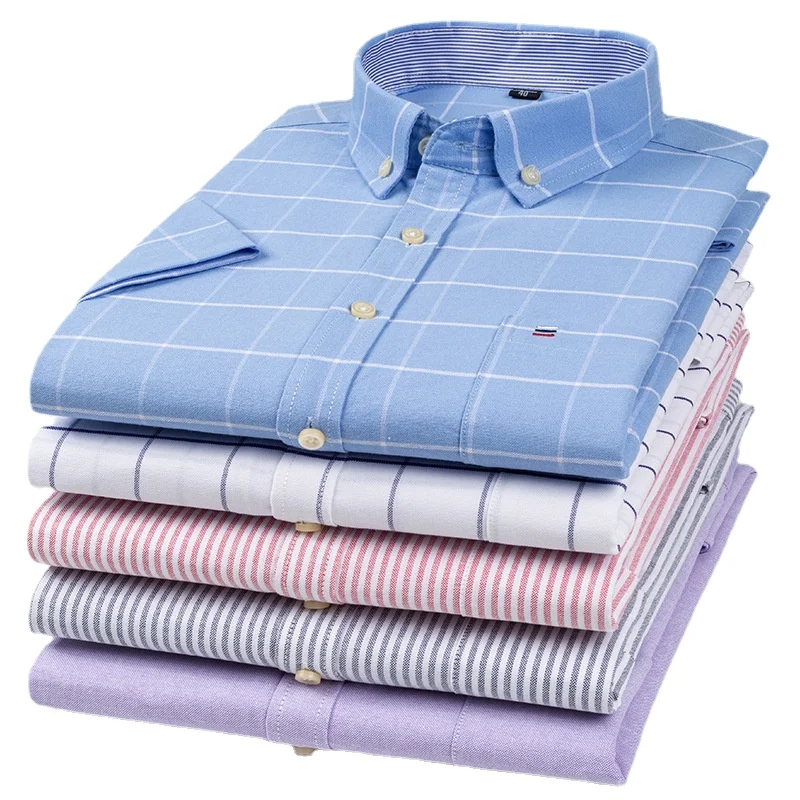 Chemise rayée à carreaux à manches courtes pour hommes, chemises en coton, blanc, décontracté, affaires, coupe régulière, grande taille, S-7XL, été, nouveau