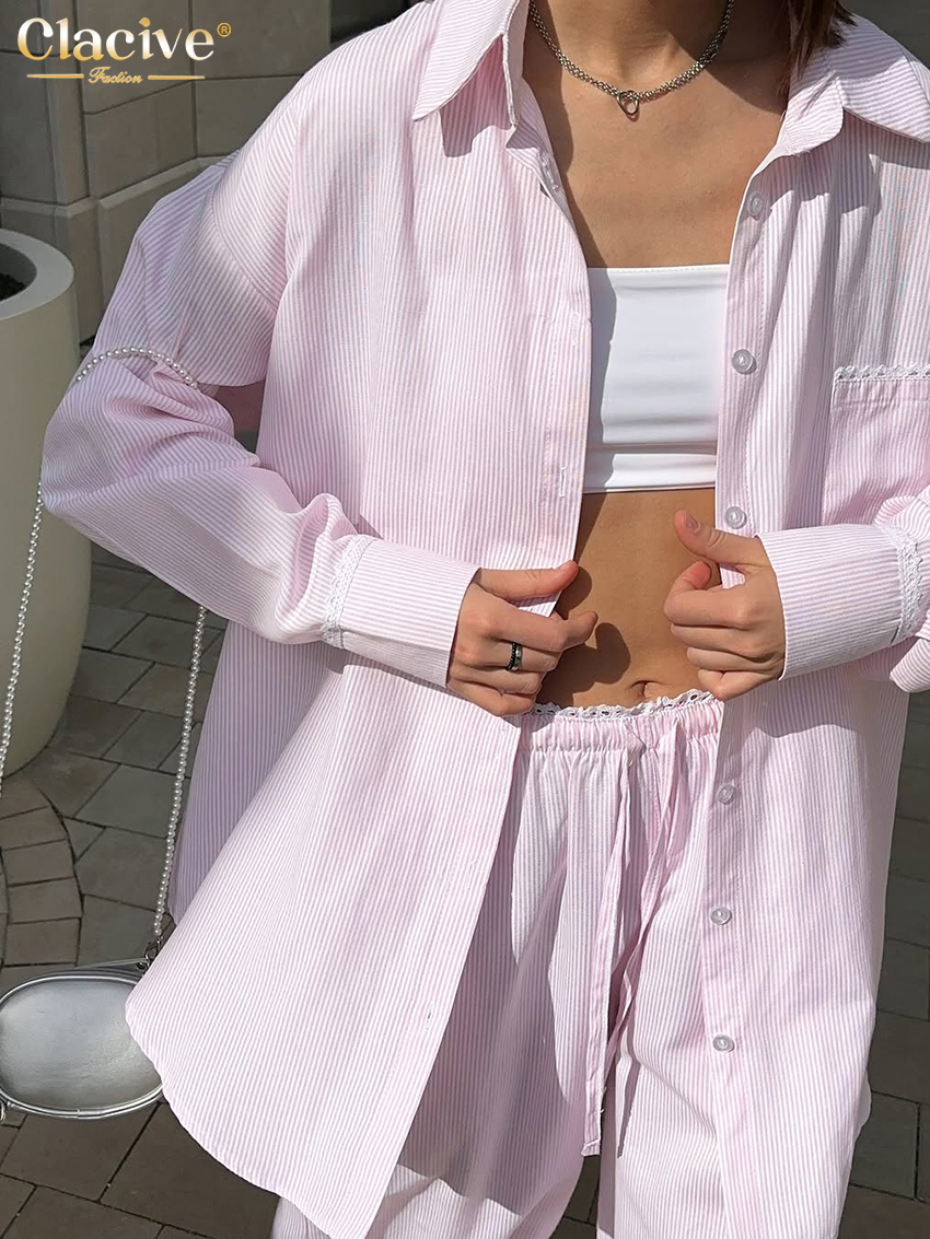 Clacive mode ample rose rayure pantalon ensemble 2 pièces femme élégant à manches longues Blouse avec taille haute large pantalon ensemble femme