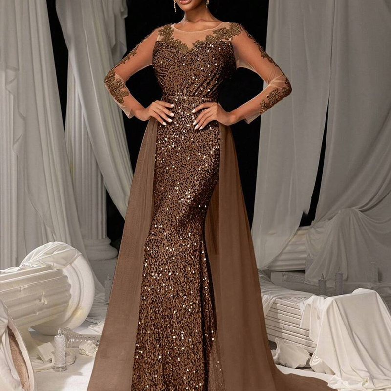 Robe de soirée de luxe à manches longues, Slim, élégante, col en v, dentelle, paillettes, maille épissée, mode, couleur unie, taille haute, paillettes