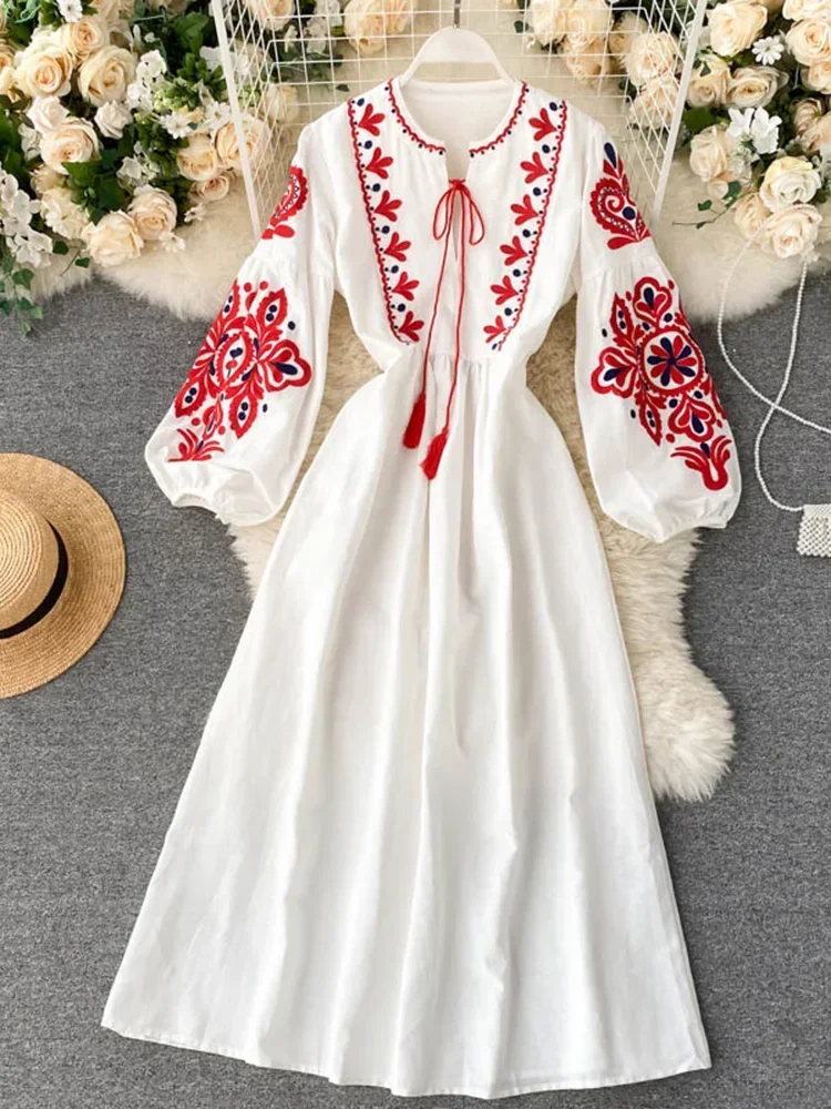 Robe plissée à fleurs brodées bohème pour femmes, col rond, manches lanterne, taille haute, tout match, éducatif, femme, automne, PL393