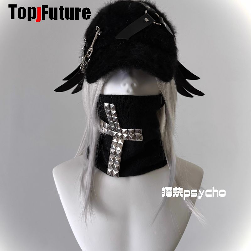 Casquette de baseball unisexe avec fourrure, style steampunk, visière rigide et rivets punk, cache-cou en peluche, écharpe croisée tricotée, gothique