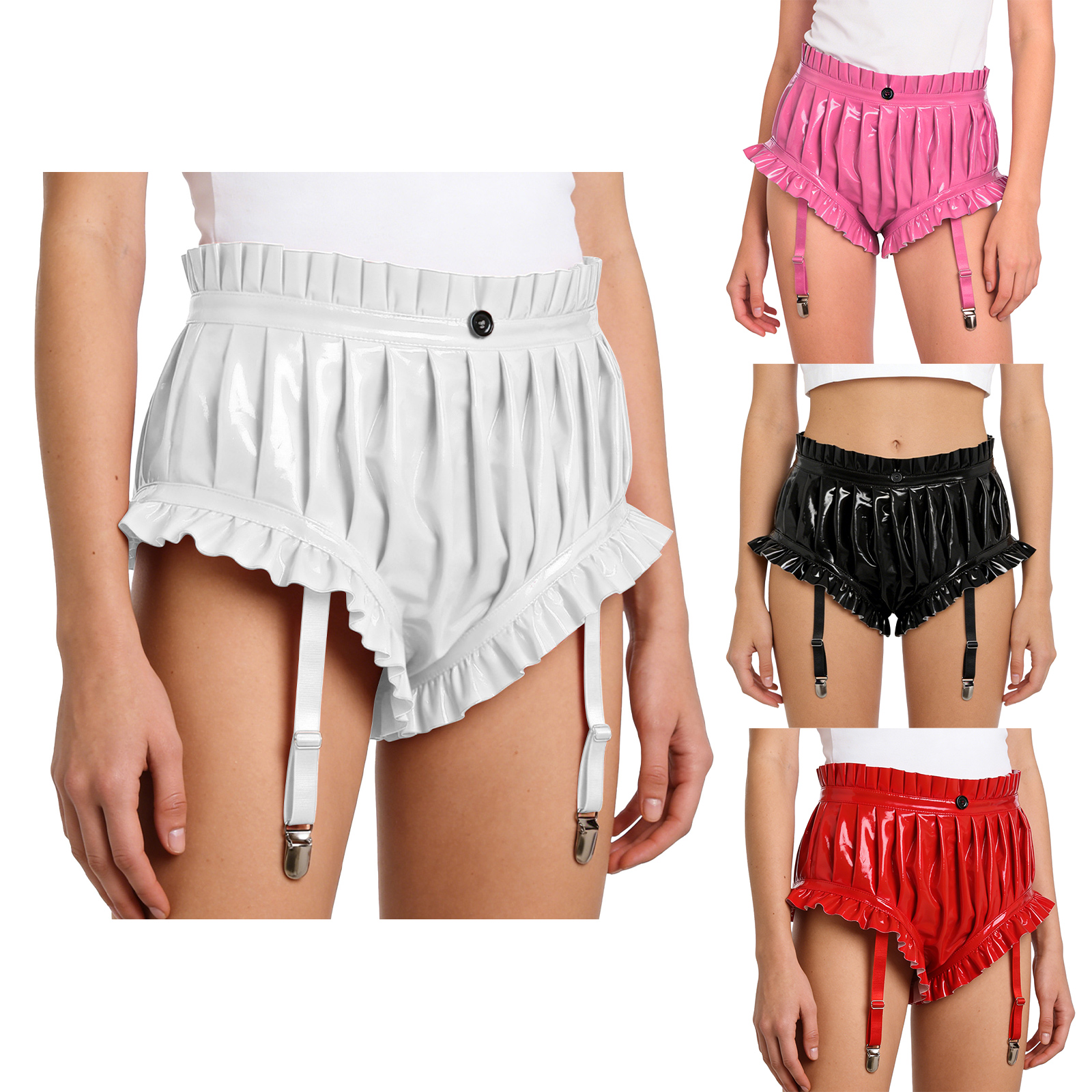 Shorts en similicuir effet mouillé pour femme, sexy, froncés à volants, taille haute, coupe ajustée, avec jarretelles, pour clubbing et soirées.