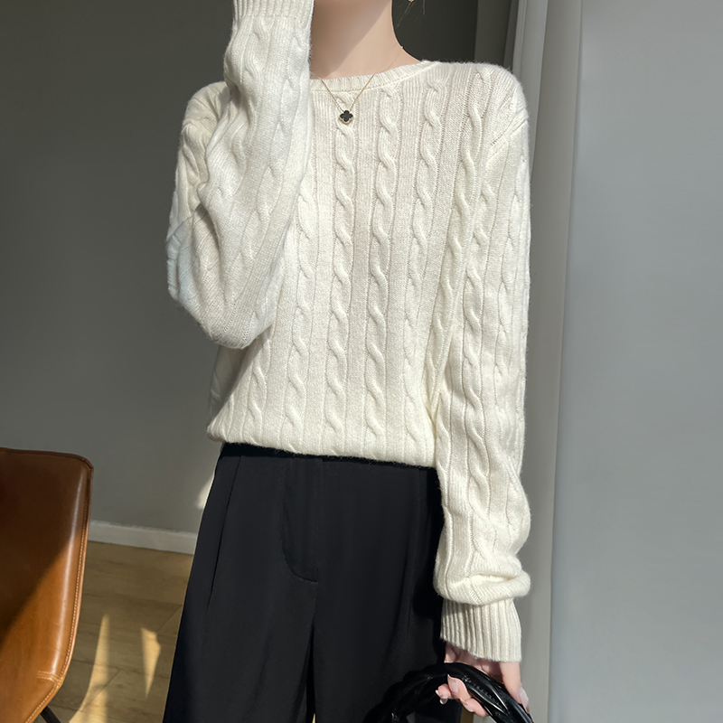 Pull épais en laine mérinos pour femme, col rond, pull torsadé, tricots décontractés en cachemire, manches longues, bas, automne, hiver