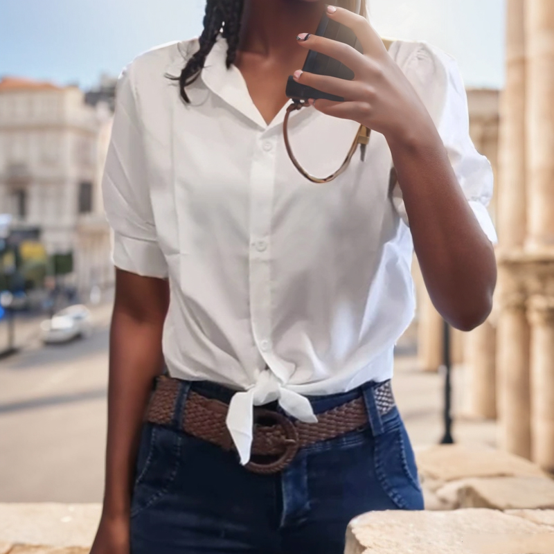 Été chemise blanche 2025 basique à manches courtes femmes Blouses solide boutonné petit haut noué taille élégante femmes tuniques hauts 19870