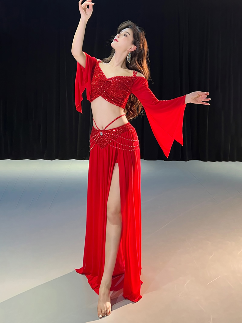Ensemble de costumes de danse du ventre, haut et jupe à paillettes, maille de printemps pour femmes adultes, vêtements de pratique personnelle pour spectacle sur scène