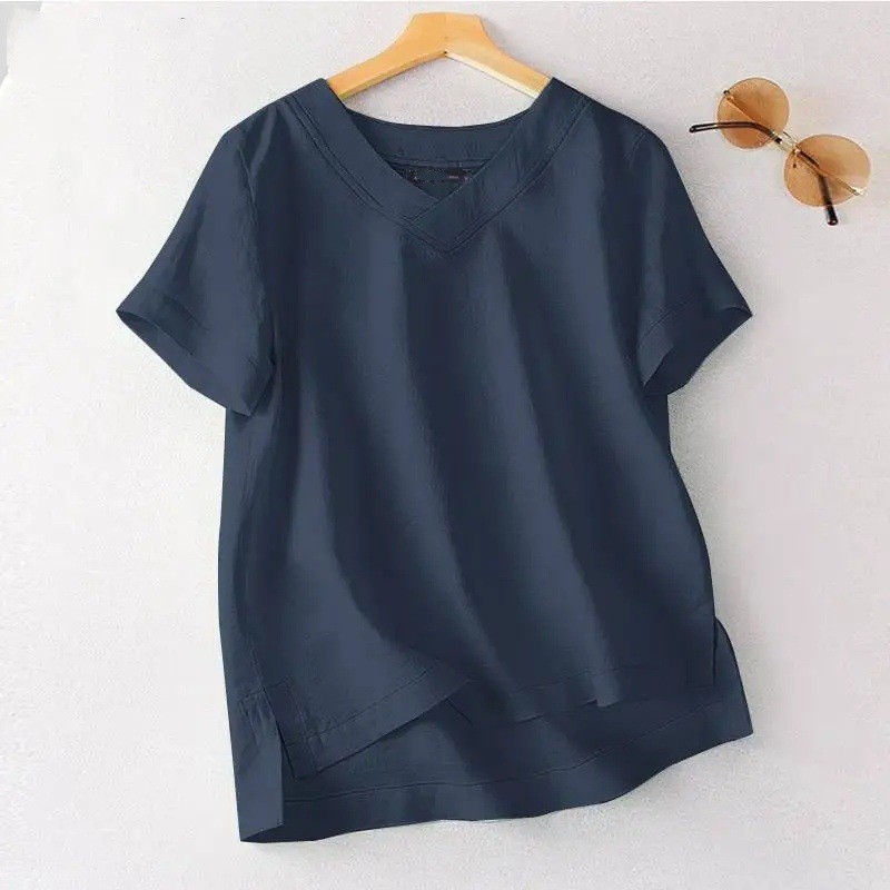 T-shirt d'été grande taille pour femmes, nouveau modèle décontracté en coton uni, col en V, manches courtes, coupe ample