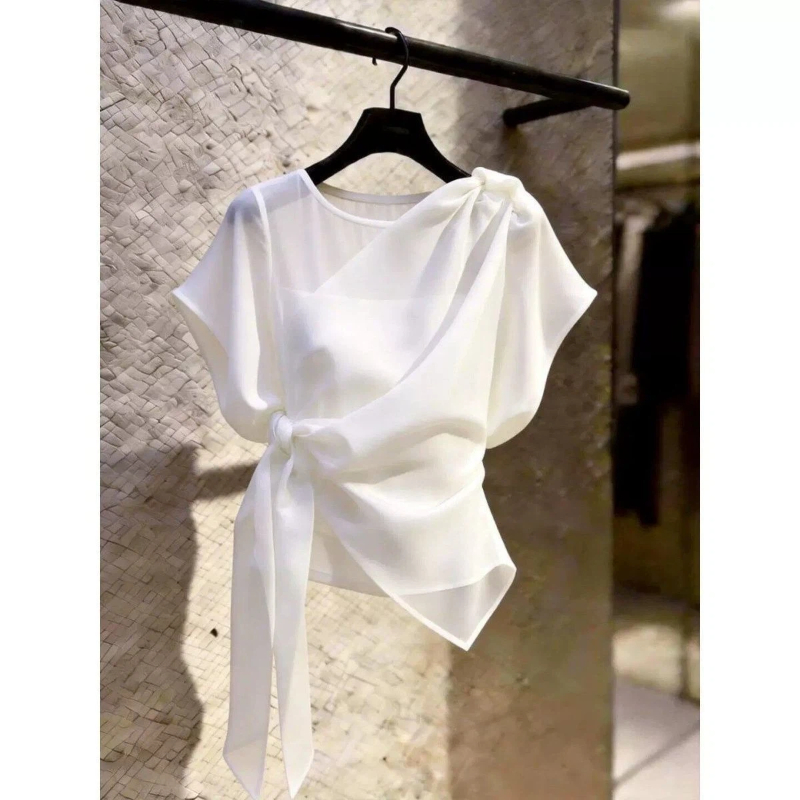 Nouvelle Blouse Élégante Coréenne à Manches Courtes et Coupe Irrégulière pour Femme – Tendance Été