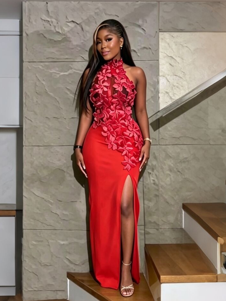 Robe longue de soirée élégante pour femme, dos nu profond, avec appliques, style licou, coupe ajustée, épaules dénudées, robe de soirée maxi