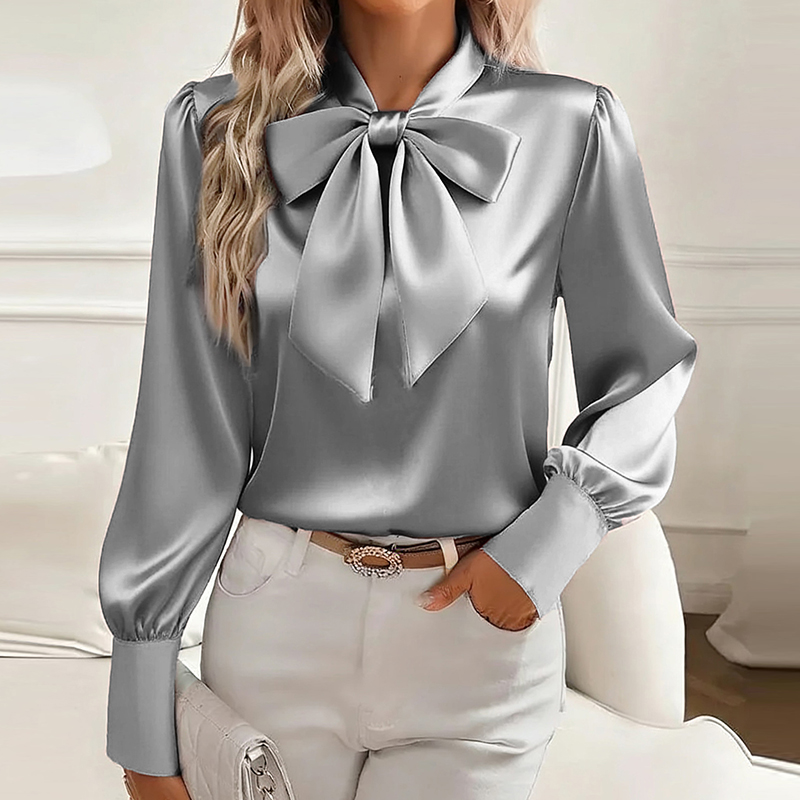 Mode à manches longues chemise en soie femmes mode printemps automne nouveau chemisier en Satin femmes nœud bureau hauts pull