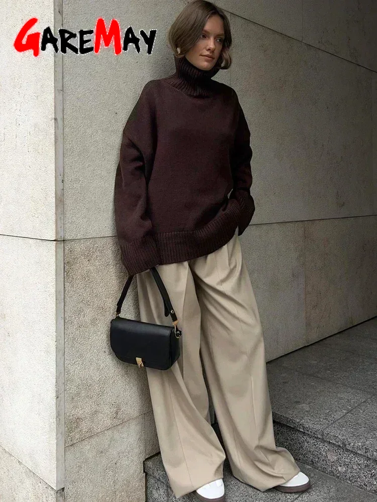 Pull à col roulé surdimensionné pour femme, pull chaud, gris doux, vintage, tout rouge, hiver, 2025
