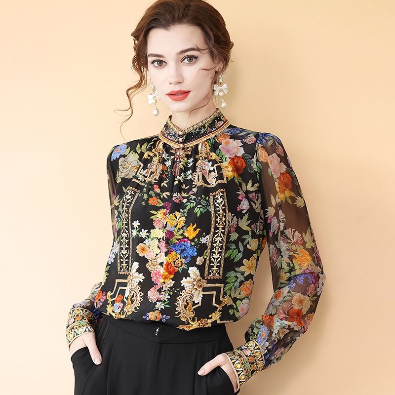 Chemise à manches longues à col montant pour femme, pull élégant, haut polyvalent, imprimé rétro, simulé, nouveau style, printemps 2025