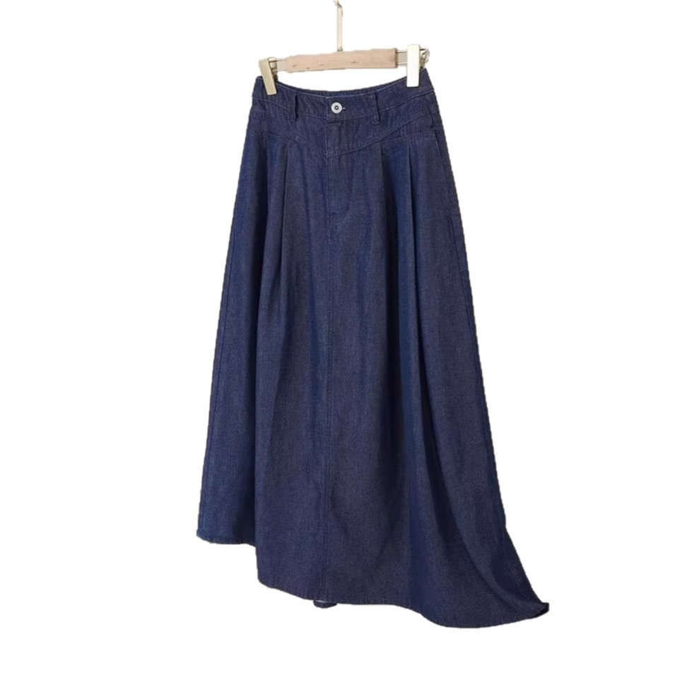 Jupe mi-longue élégante en denim plissée avec poches, coupe trapèze amincissante, taille élastique, nouveau style d'été pour femme