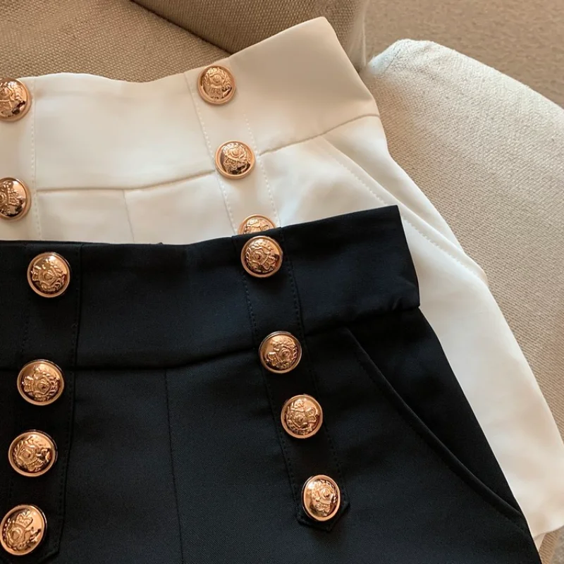 Shorts noirs imbibés pour femmes, pantalons à double boutonnage, jambe large, vêtements d'extérieur décontractés sauvages, chauds, châssis, nouveau
