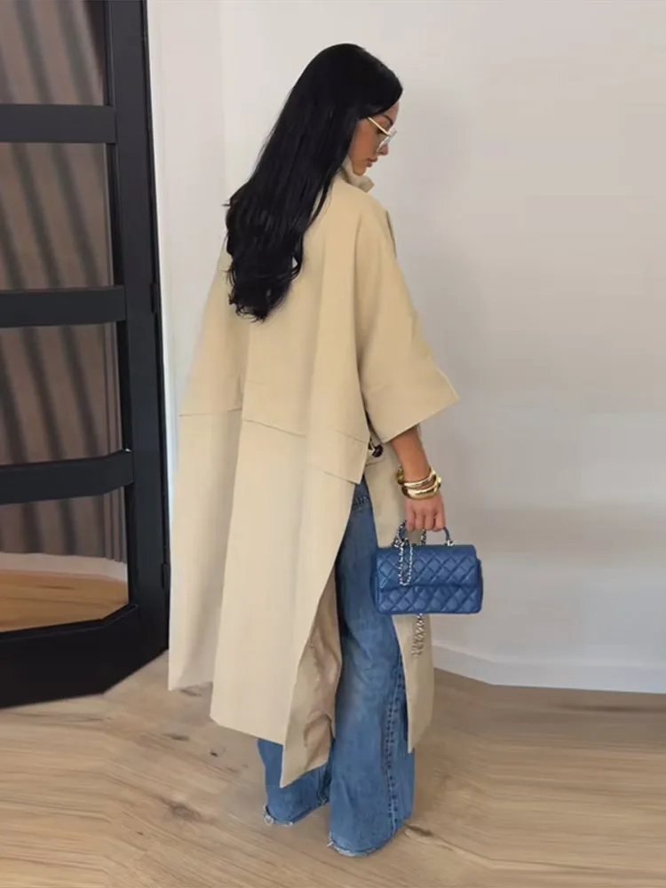 Manteau long trench-coat kaki à col montant pour femme, coupe ample, bouton unique, manches mi-longues, fente latérale, coupe-vent, 20260, vêtements d'extérieur automne pour femme
