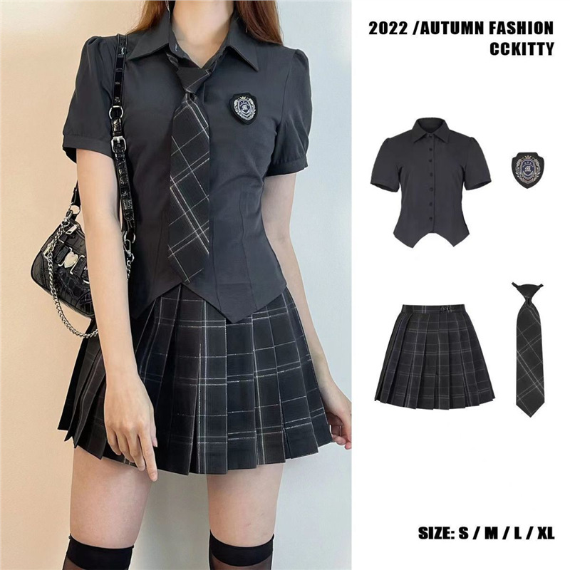 Uniforme de Style américain à manches courtes pour femmes, ensemble d'uniforme scolaire, tenue Jk couchée à la taille, Mini jupe, manches de princesse douces et fraîches