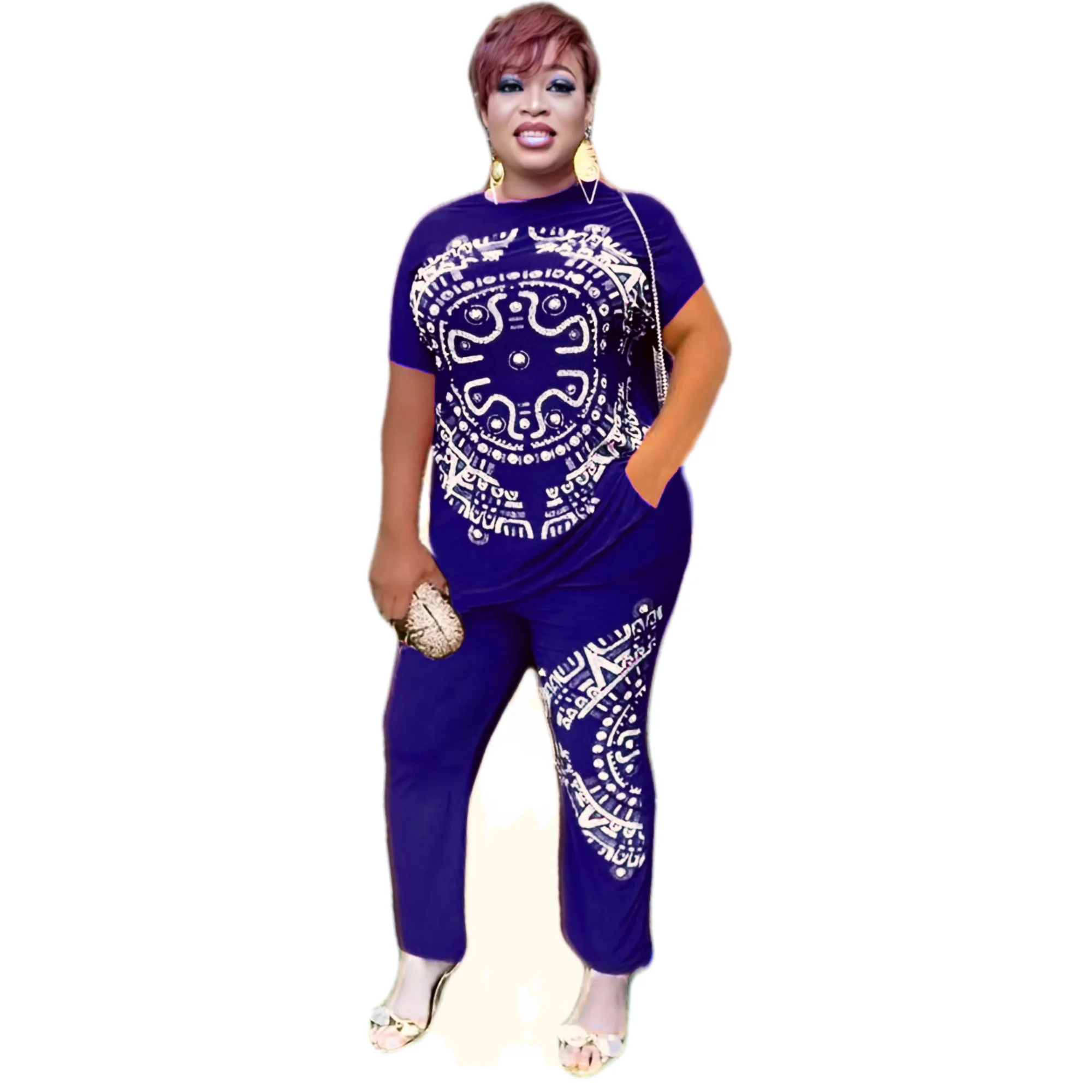 Ensemble imprimé baroque de Style bohème grande taille, manches courtes et pantalon en brique à la mode, ensemble deux pièces pour femmes, facile et charmant