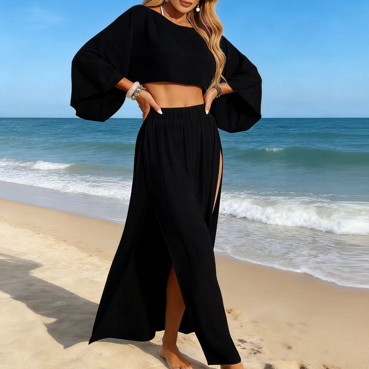 Ensemble haut court décontracté et jupe fendue, tenue de plage légère et transparente pour les vacances d'été, maillot de bain deux pièces pour femme