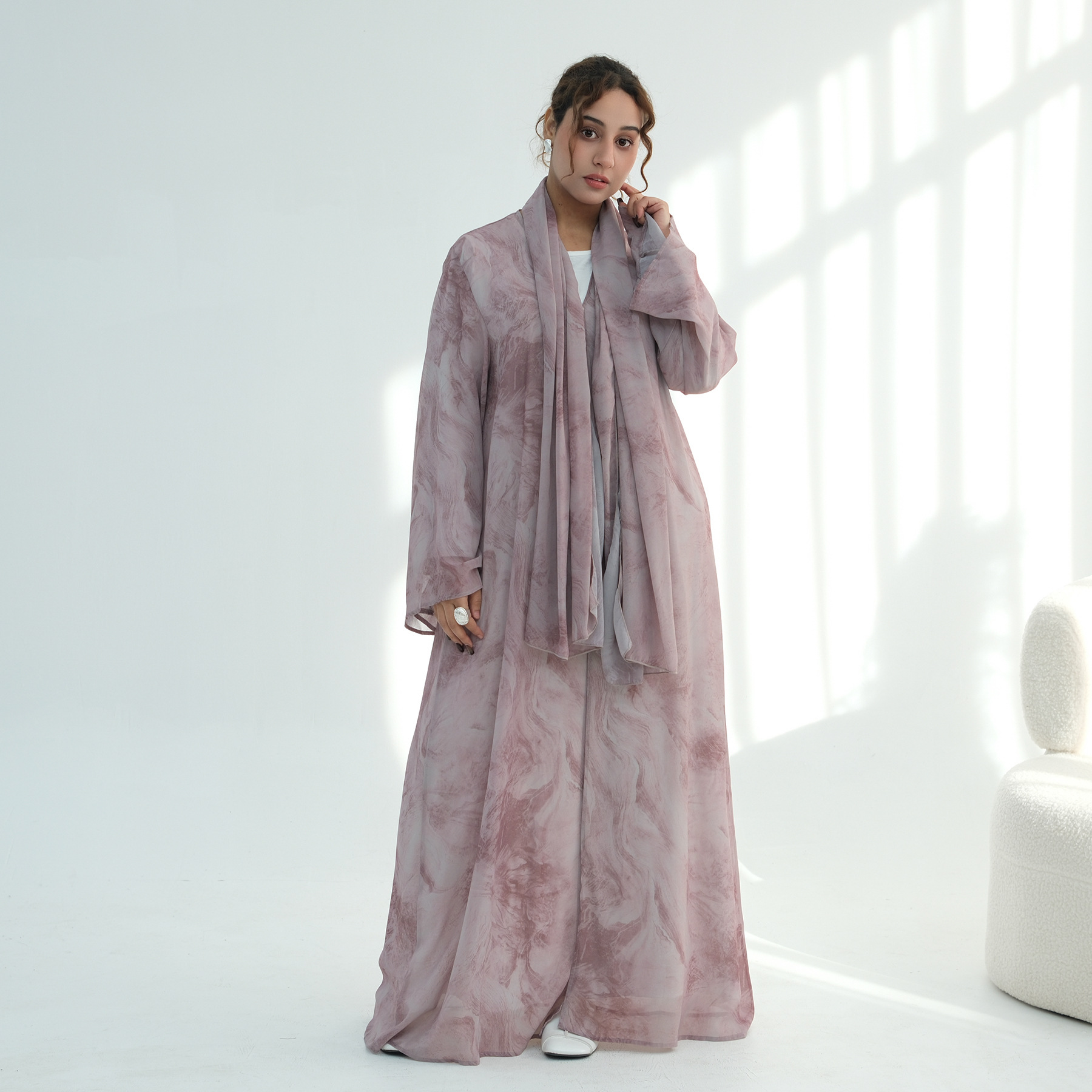 Abaya ouvert en mousseline de soie, ombré, aquarelle, marbre, imprimé Tie-Dye, Premium, dubaï, ensemble de 2 pièces, vêtements islamiques, vente en gros