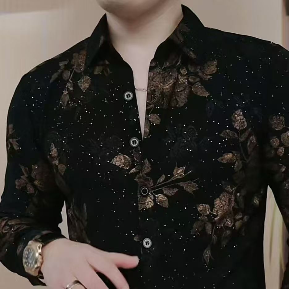 Chemise pour hommes à manches longues automne et hiver mode revers tendance beau imprimé décontracté corps mince