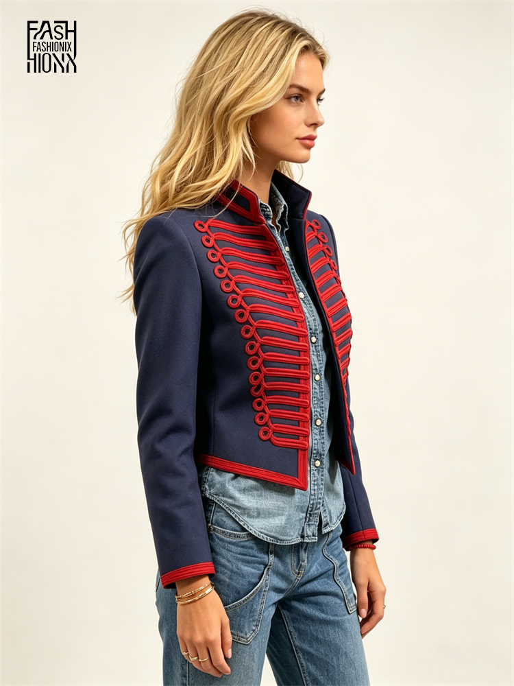 Veste de style Napoléon pour femme, manteau court à col montant et bordure tressée, vêtement d'extérieur tendance pour le printemps, nouvelle collection