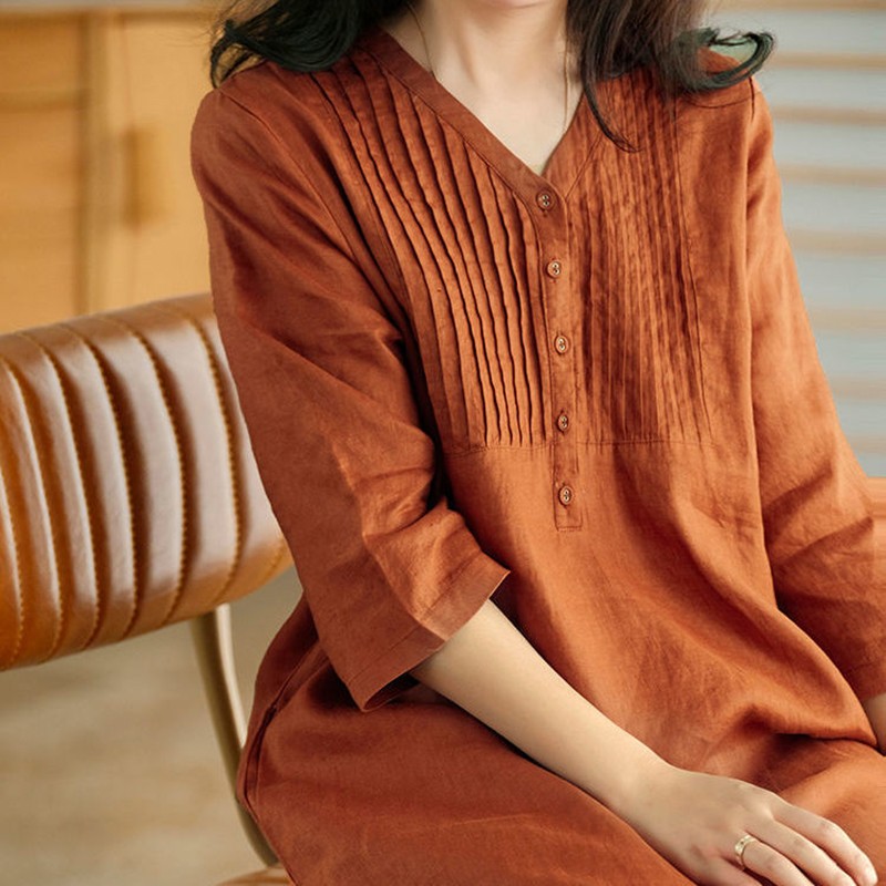 Robe longue en coton et lin pour femmes, style vintage, col en v, couleur unie, nouvelle collection été 2024, B3334