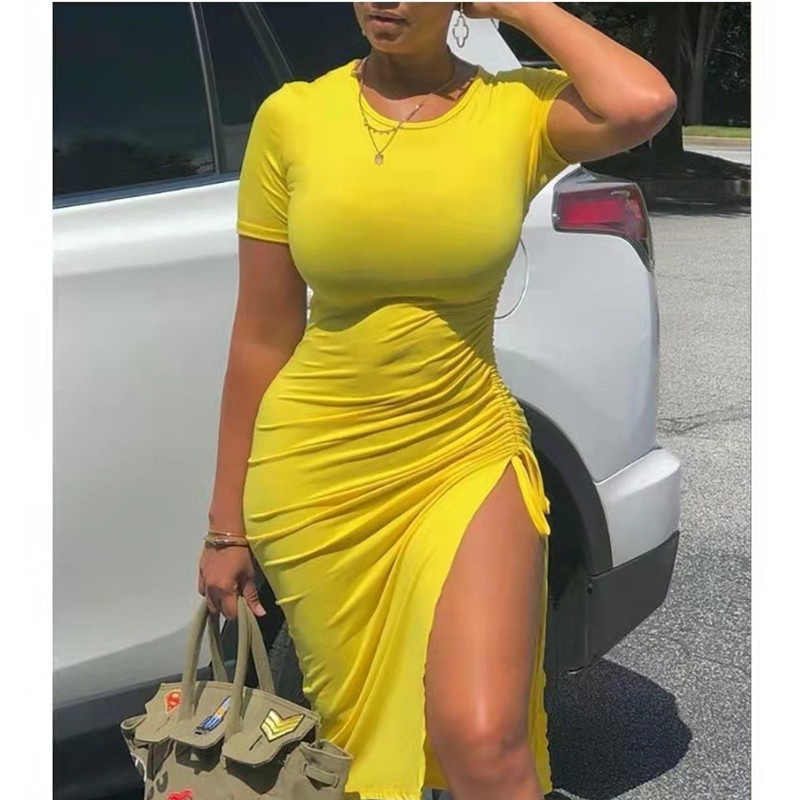 ChimPrinted-Robe Midi Slim pour Femme, Manches Courtes, Proximité, Wstring, Fente Latérale, Streetwear Décontracté, GT, Hip, Batterie, Dames, Mode