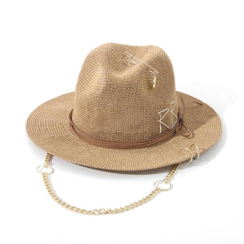 Nouveaux chapeaux de paille en métal à lettres tendance pour femmes et hommes, chapeaux de soleil d'été pour les vacances en plein air, chapeau Panama