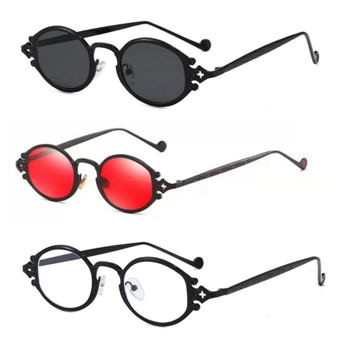 Lunettes de soleil ovales rétro punk style rock métallique pour femmes, lunettes de soleil gravées, lunettes de soleil cool pour hommes, accessoires de conduite tendance urbaine