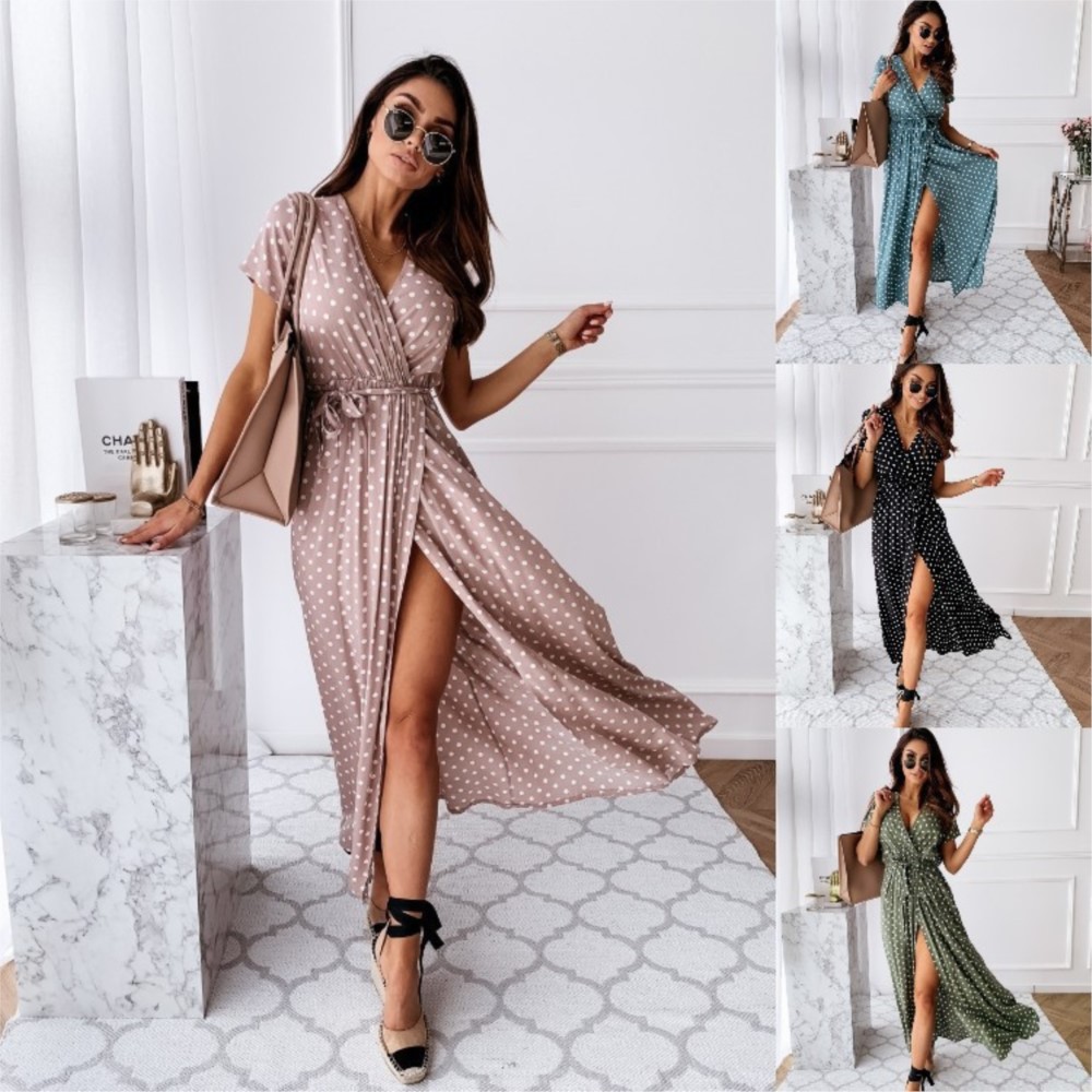 Robes Bohèmes d'Été 2026 pour Femmes – Vestidos Slim à Manches Courtes, Col en V, Lacets et Fentes, à Pois