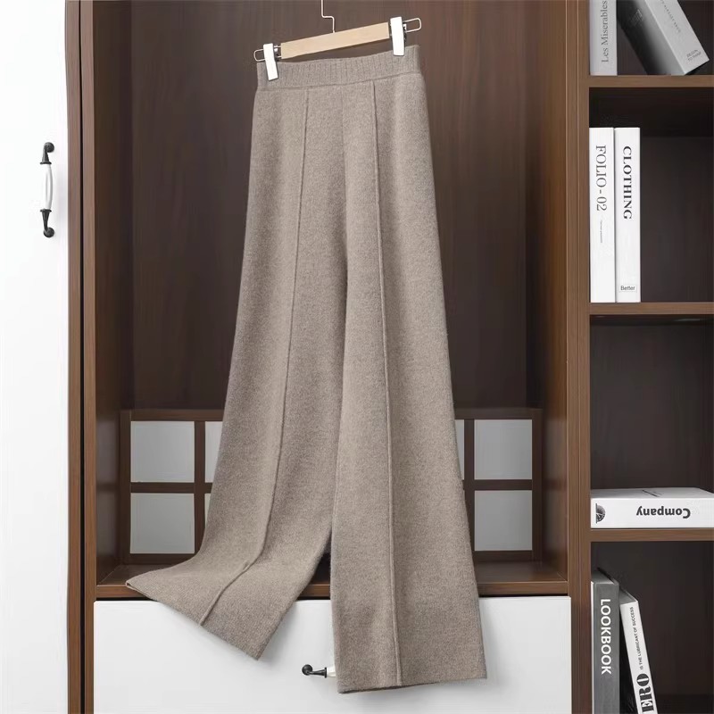 Pantalon à jambes larges pour femmes, couture moyenne, forme de jambe modifiée, ample, amincissant, tricoté, taille haute, couleur unie, 2024