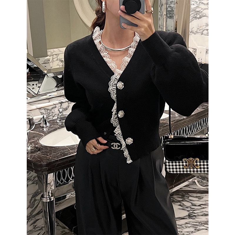 Vintage rouge tricoté Cardigan femmes recadrée dentelle noir pull d'extérieur élégant coréen col en V tricots hiver Design pulls