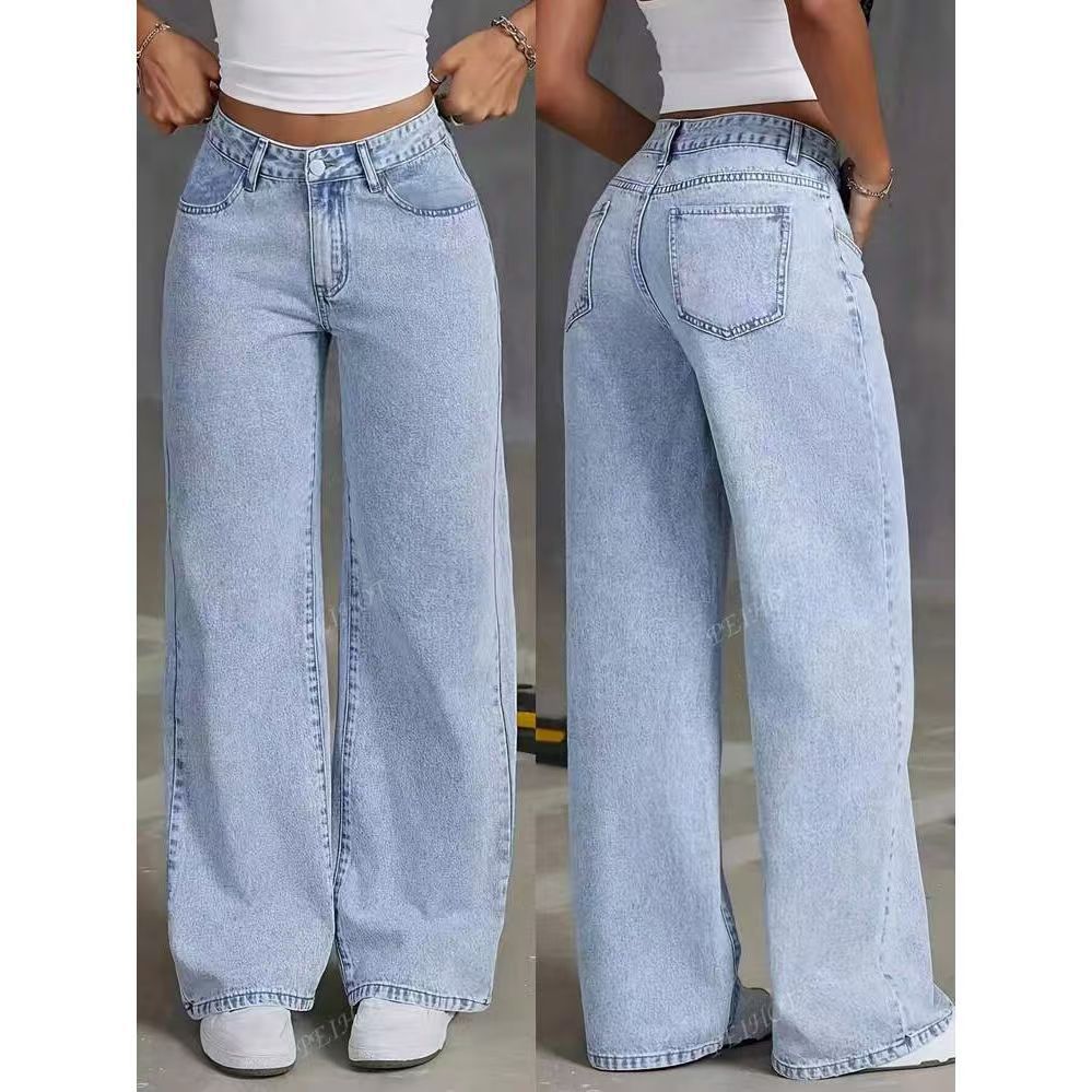 Taille : S-5XL Jeans d'été et d'automne pour femmes, coupe large, taille haute, grande taille, pantalon décontracté ample à jambe droite, pantalon large pour filles