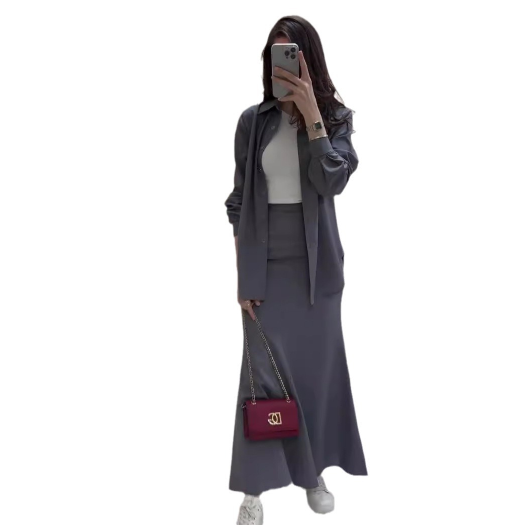 Chemise à manches longues à col rabattu pour femmes, ensembles de jupe, coupe couvertes, taille haute, robe sexy, 2 pièces