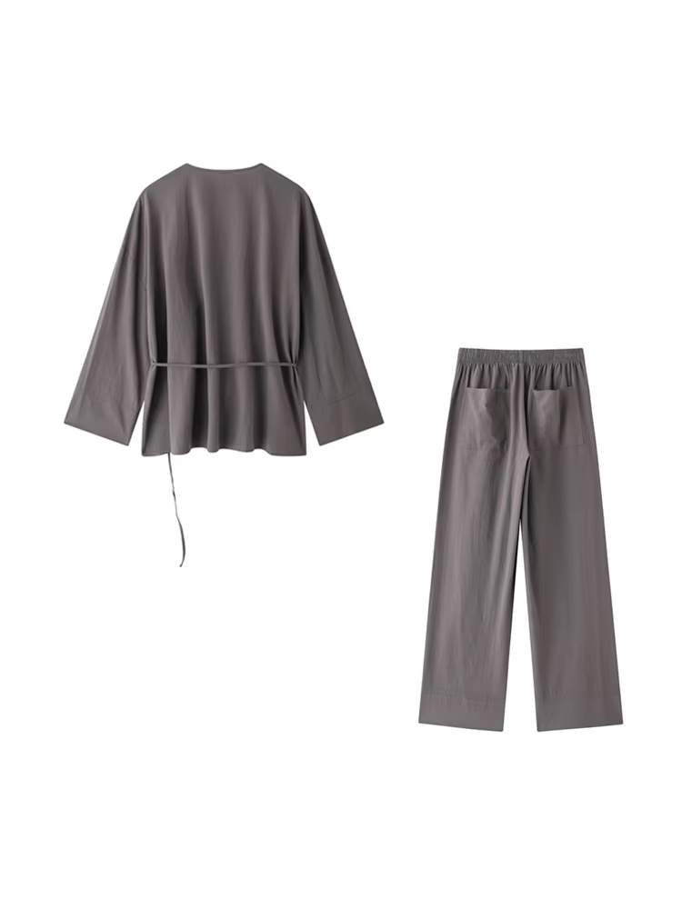 Femmes mode avec chemisiers Kimono amples attachés et taille haute élastique poches latérales pantalon femme deux pièces ensembles Mujer