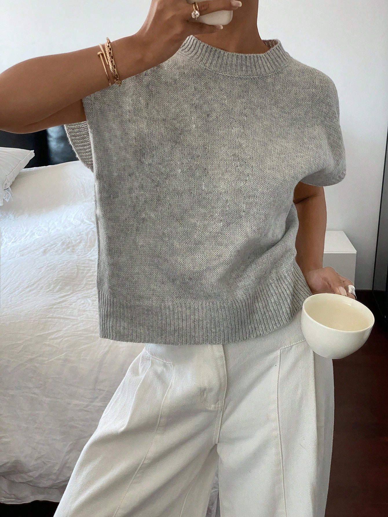 Pull en tricot à manches courtes pour femmes, élégant, décontracté, col rond, épaules droites, confortables, gilet, printemps/automne