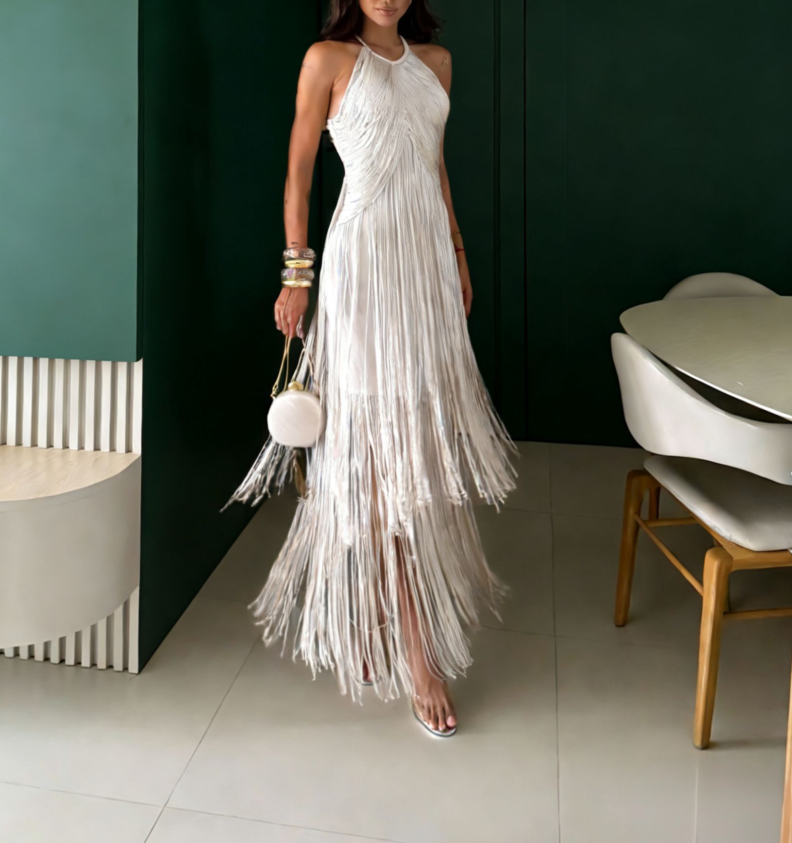 Nouvelle Robe Longue Élégante Printemps-Été, Coupe Ajustée, Col Halter, Franges, Sans Manches, Taille Haute, pour Soirée et Cérémonie