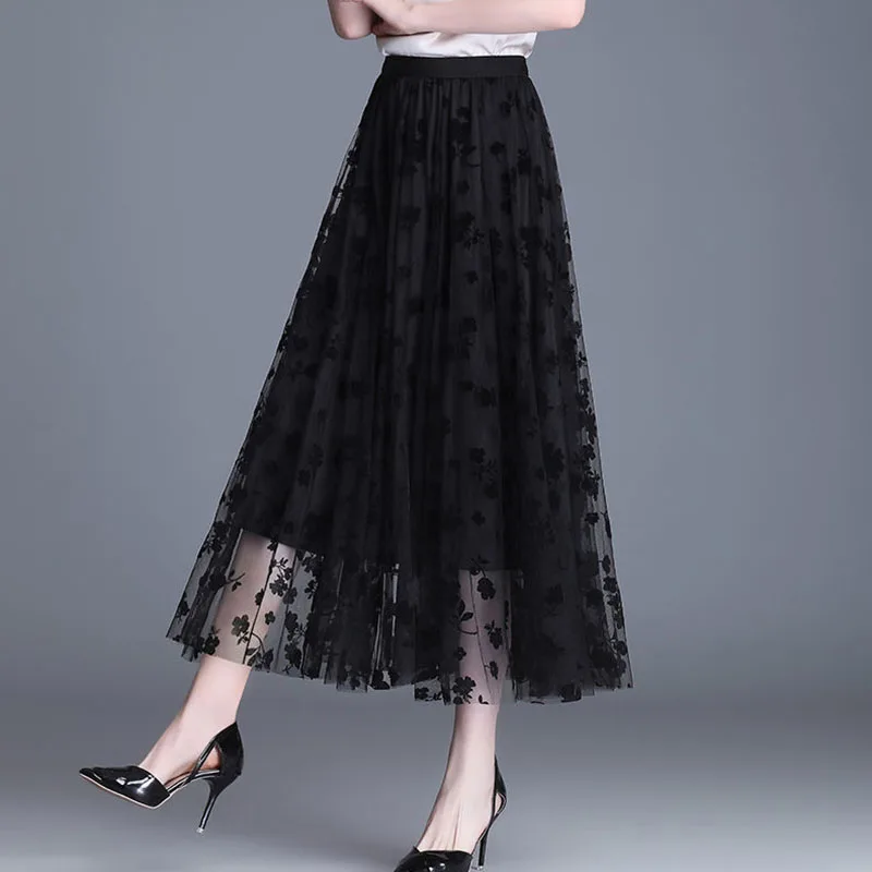 Jupe en maille coréenne pour femme, jupe midi ample à fleurs crochetées, élégante, décontractée, polyvalente, nouvelle collection été