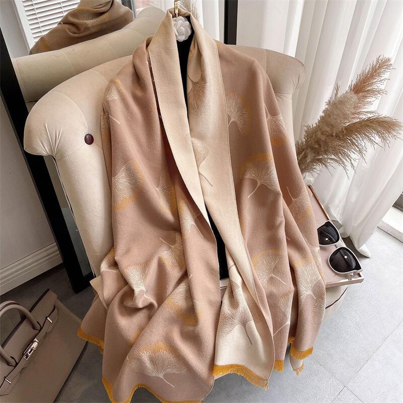 Couverture en cachemire épais bleu pour femme, écharpe chaude, Pashmina, châle, enveloppes d'hiver, Bufanda, imprimé feuilles, nouveau Design, Poncho