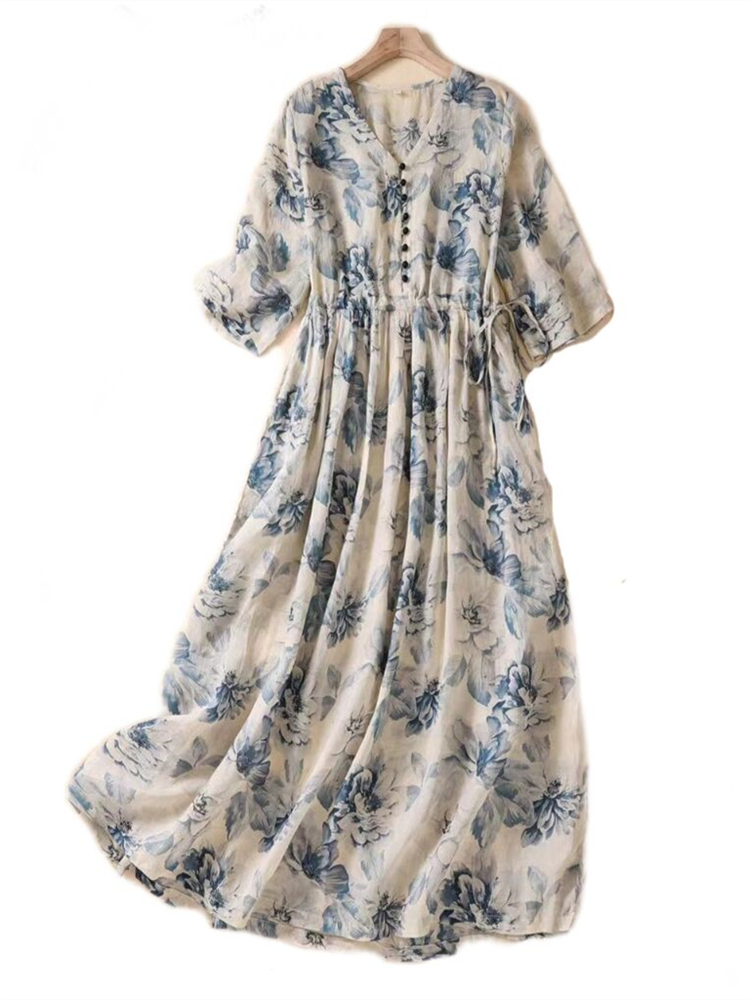 Robes longues vintage imprimées à manches courtes pour femmes – Nouvelle collection été 2026 – Robe décontractée ample et élégante pour femme