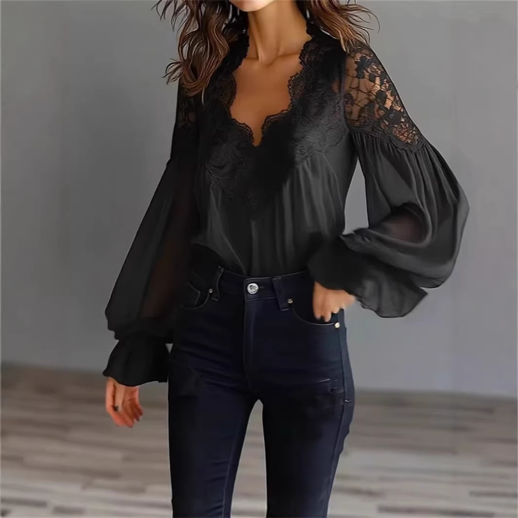 Nouvelle chemise femme 2026 à manches bouffantes en dentelle, blanche et noire, coupe ample, design plissé, confortable et polyvalente