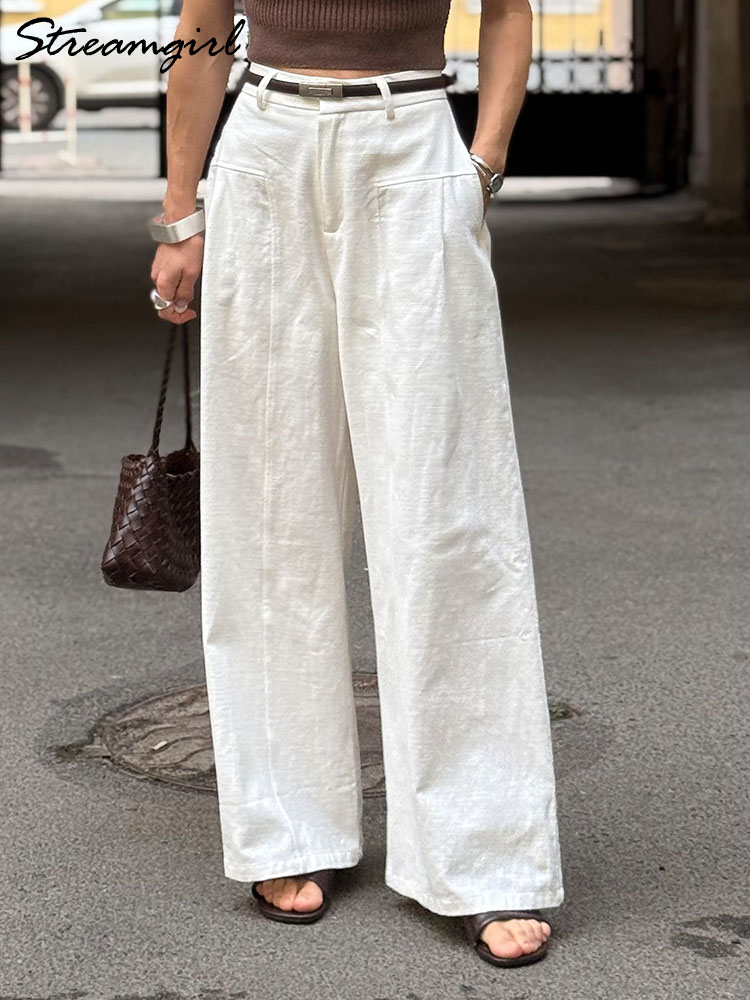 Pantalon blanc d'été pour femme en coton, taille haute, coupe large, élégant, pour le bureau