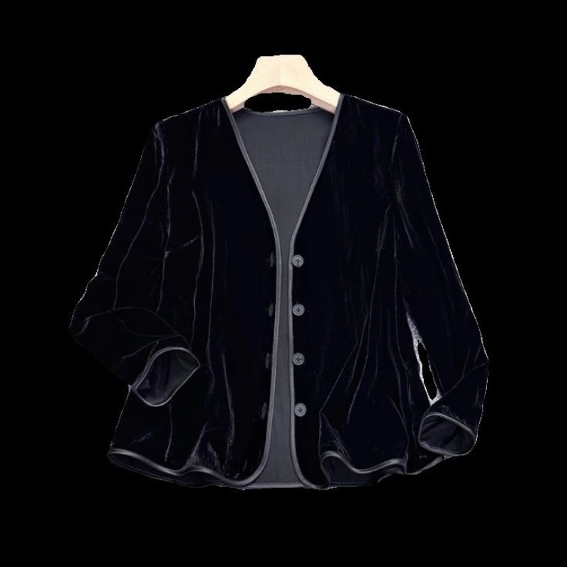 Vestes noires en velours pour femmes, vêtements d'extérieur Vintage de Style chinois, hauts surdimensionnés, col en v, manteaux de tempérament Chic, 2025