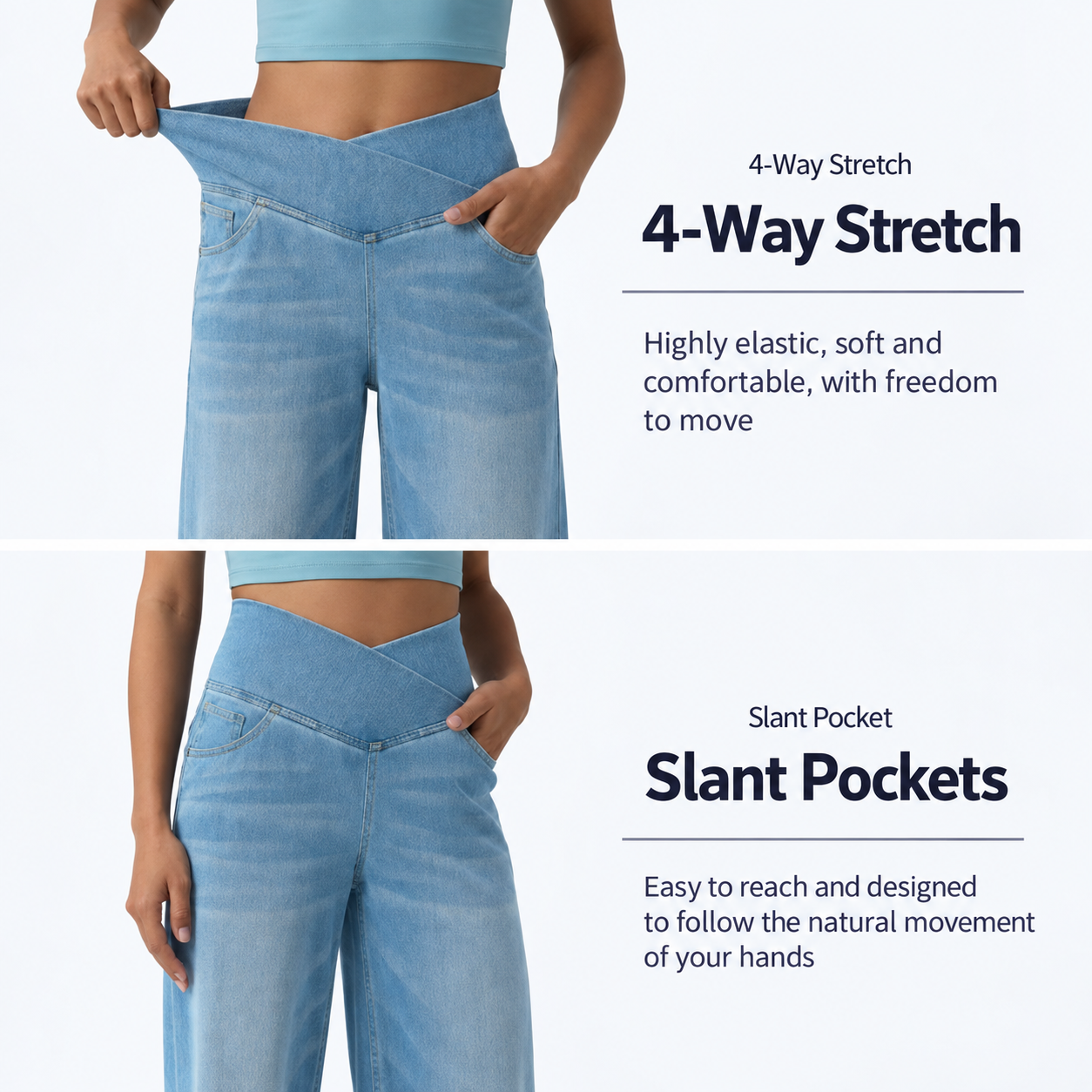 Pantalon en jean délavé taille haute à coupe large pour femme, style décontracté, extensible et doux, longueur complète