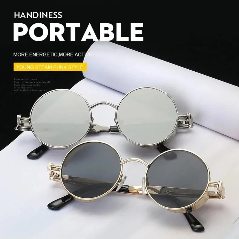 Lunettes de soleil rétro à monture ronde avec charnières à ressort en métal avec lentilles réfléchissantes et colorées dans des lunettes de soleil de style Steampunk