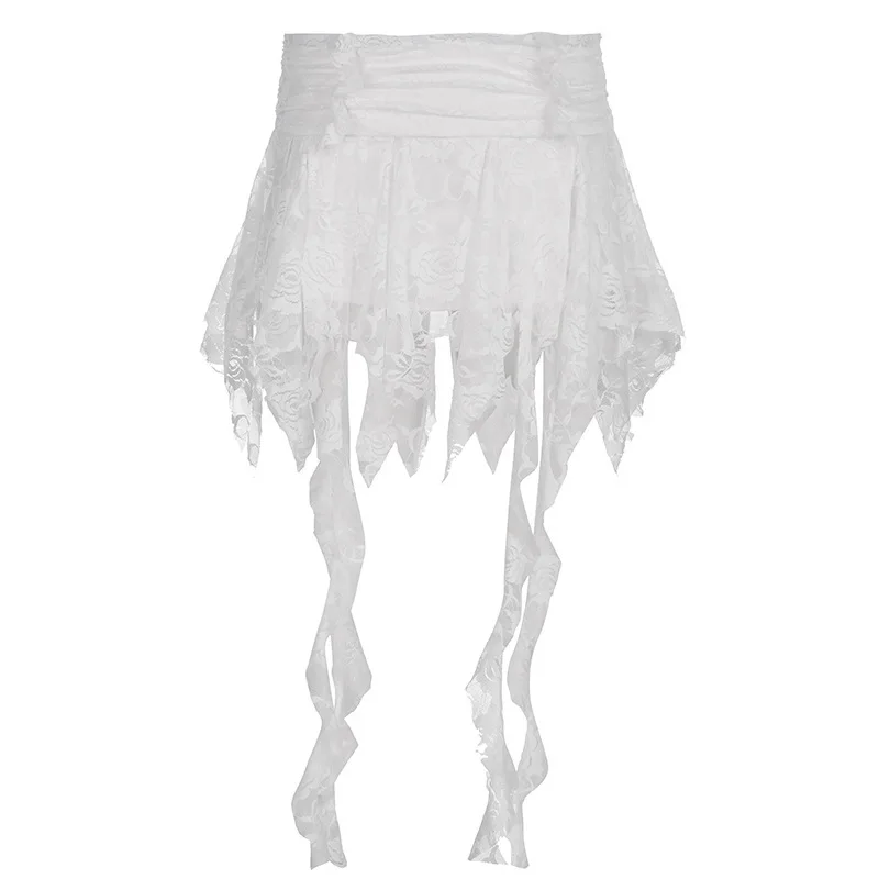 Jupe plissée asymétrique double couche en dentelle, taille basse, polyvalente et ajustée