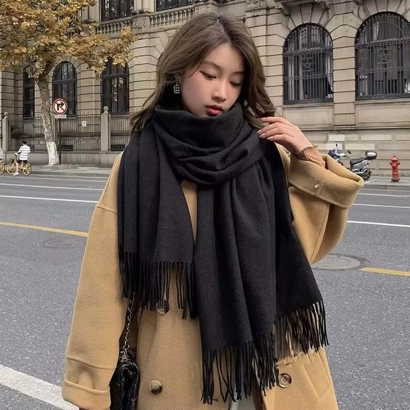 Nouvelle écharpe noire en cachemire pour femme, écharpe en laine pour dames, écharpe chaude à carreaux, écharpes d'hiver pour femmes, automne.