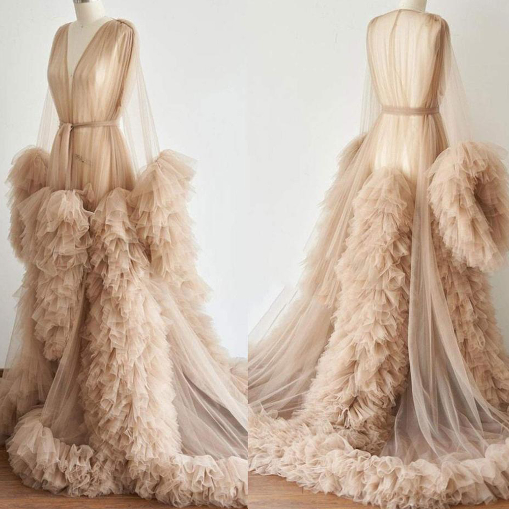 Robe de chambre longue en Tulle transparent pour femmes, Robe bouffante de grossesse, de maternité, pour réception-cadeau pour bébé, chemise de nuit, vêtements de nuit