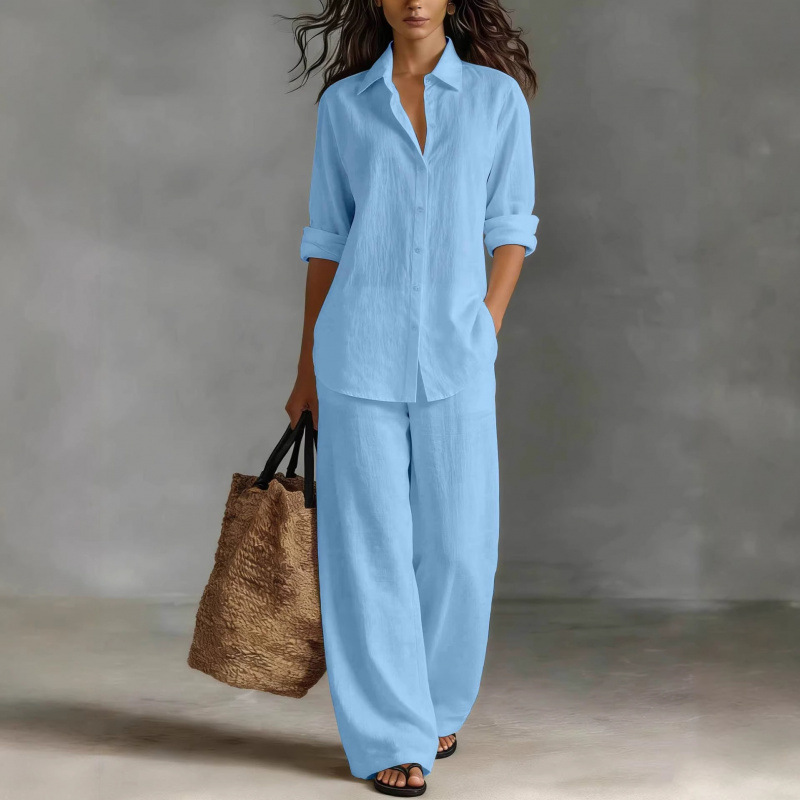 Ensemble de chemise en coton et lin à manches longues pour femmes, pantalon large en coton et lin pour le printemps et l'automne, ensemble de bureau 2 pièces pour femmes